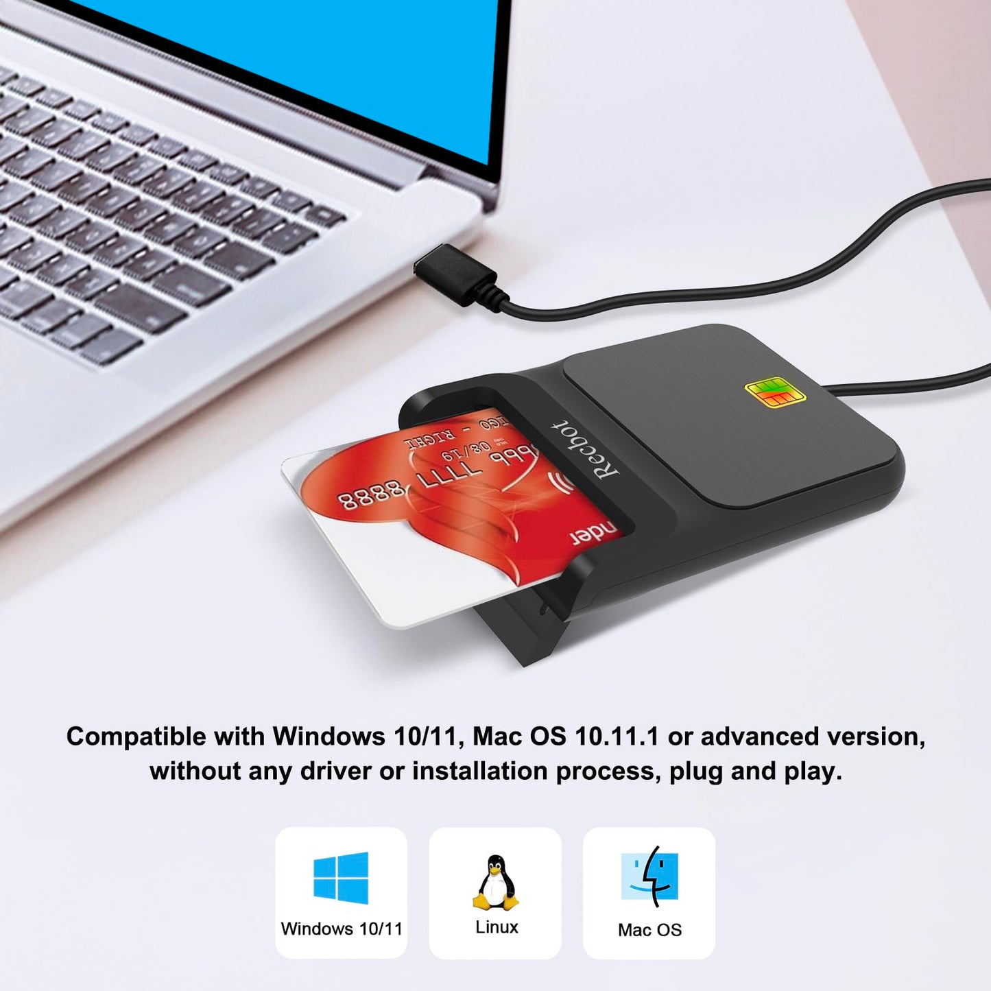 Recbot CAC Reader USB C, CAC Reader Military USB C, DOD Military USB C Common Access CAC Card Reader Military, Compatible with Windows, Mac OS and Linux