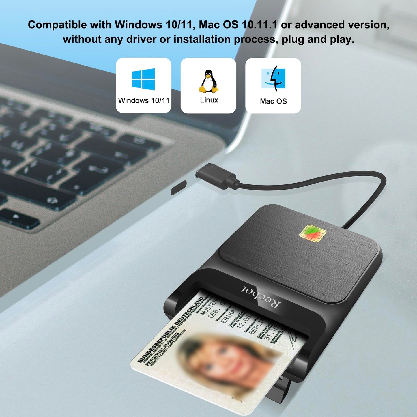 Recbot CAC Reader USB C, CAC Reader Military USB C, DOD Military USB C Common Access CAC Card Reader Military, Compatible with Windows, Mac OS and Linux