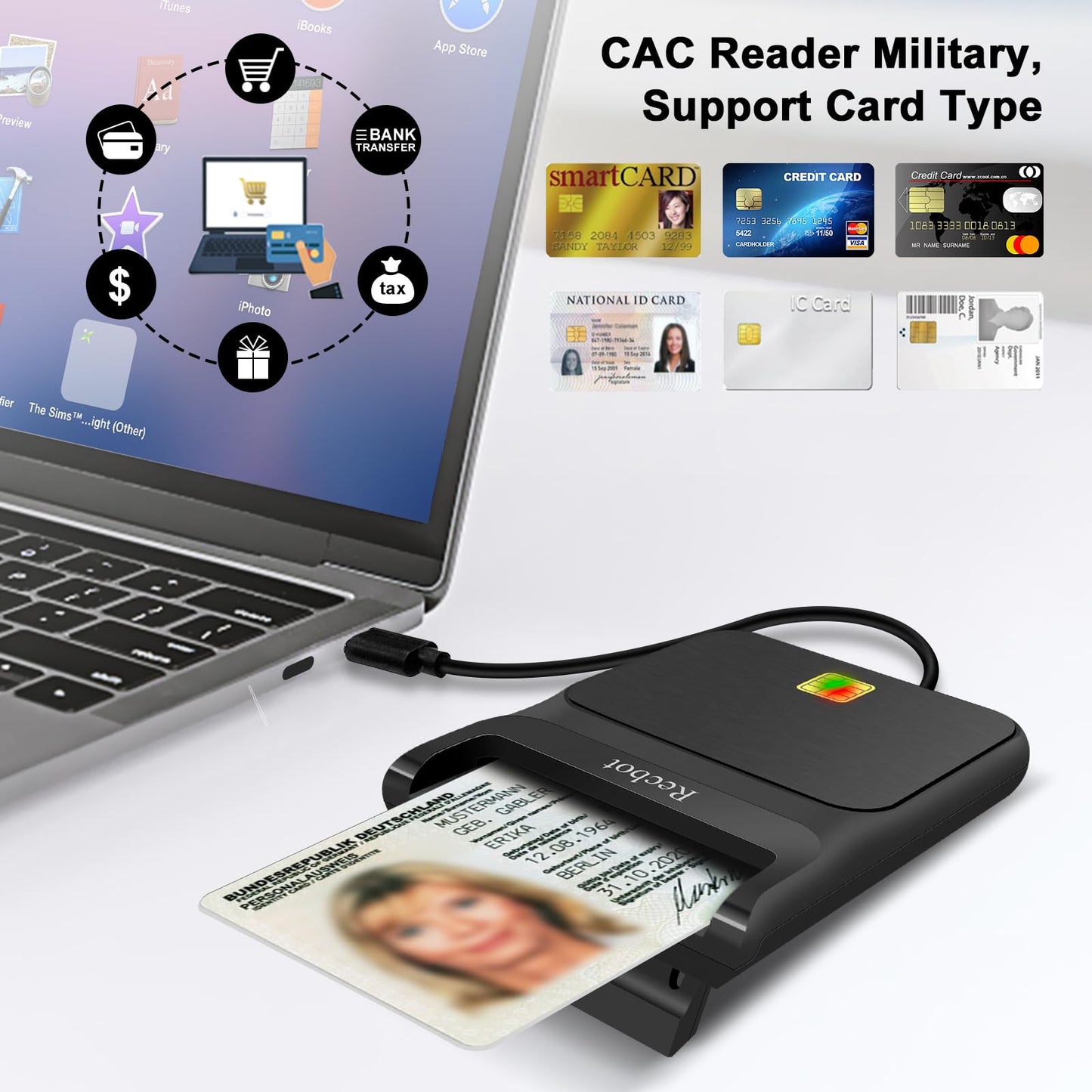 Recbot CAC Reader USB C, CAC Reader Military USB C, DOD Military USB C Common Access CAC Card Reader Military, Compatible with Windows, Mac OS and Linux